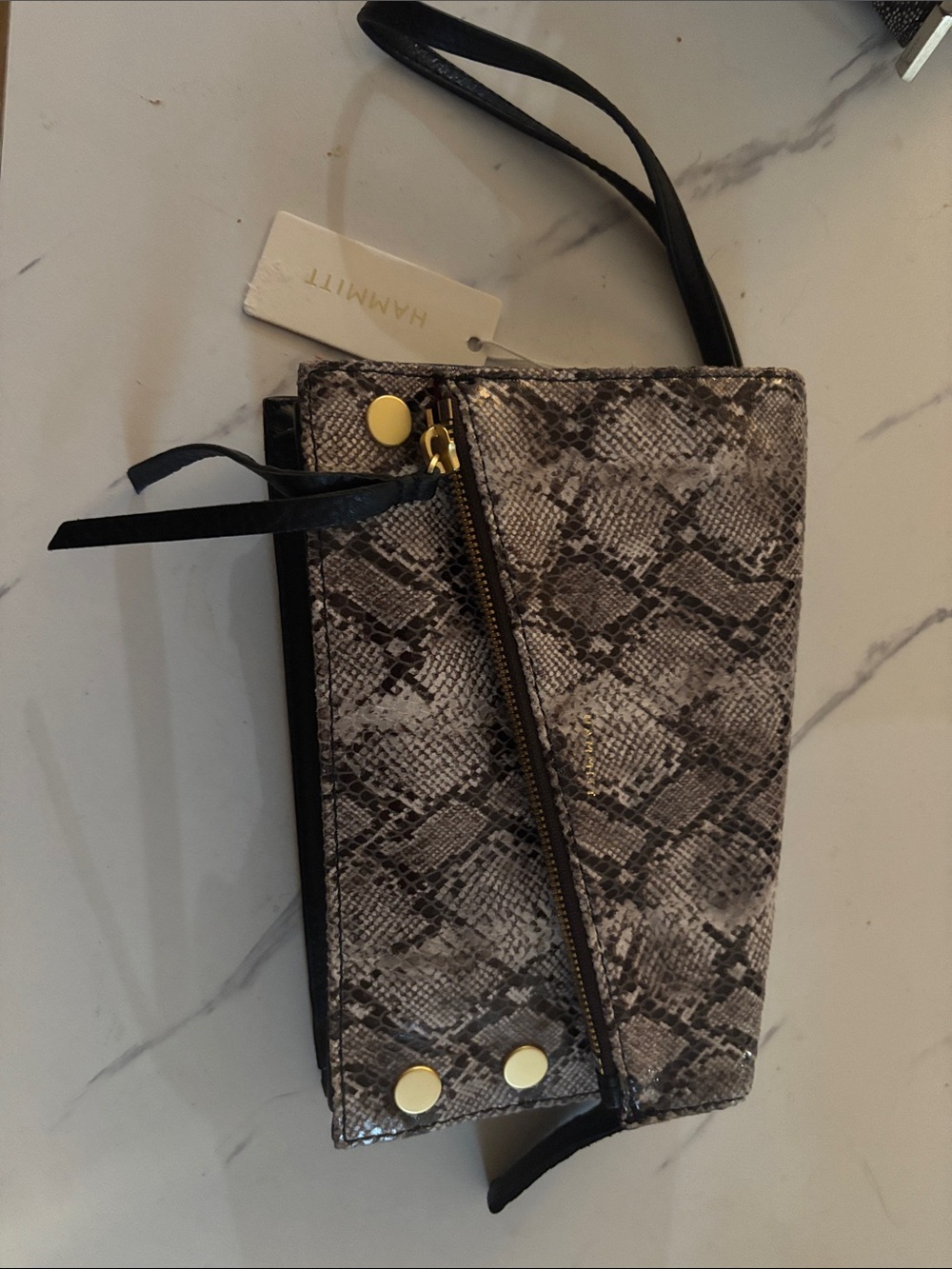 Hammitt Curtis Gray Snake-Print Wristlet with Gold Hardware